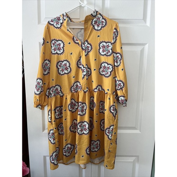 Yellow Printed Pattern Dress (Size XL) with Ruffled Sleeves - Picture 1 of 4